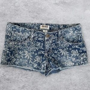 Mudd Womens Size 3 Blue Floral Paisley Low Rise Denim Cut Off Shorts Boho Frayed